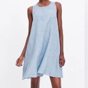 Zara Vela Linen Chambray Blue Raw Hem Swing Shift Sleeveless Dress, Medium